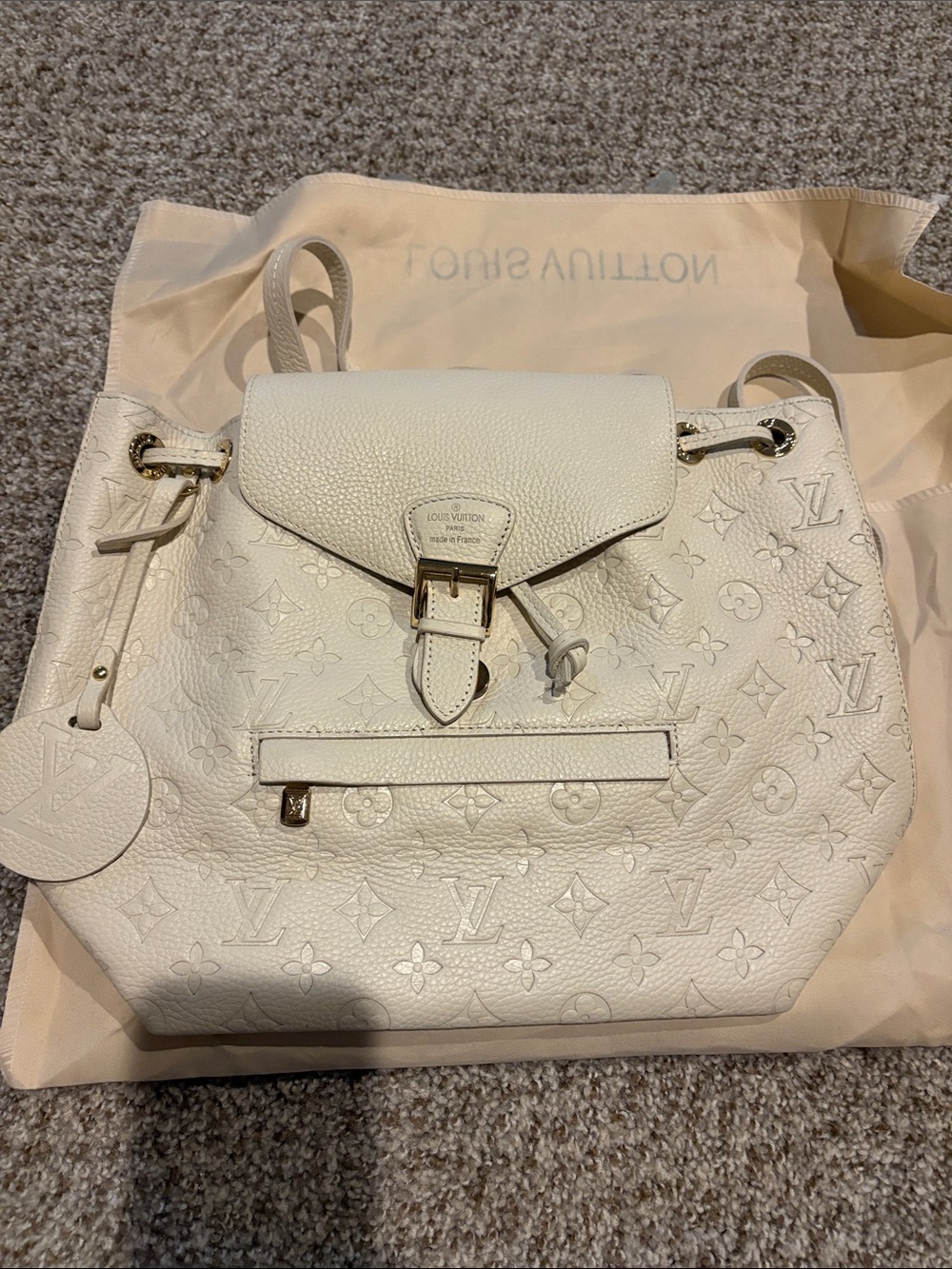 Faux Louis Vuitton Cream Embossed Monogram Drawstring Backpack - Picture 3 of 3